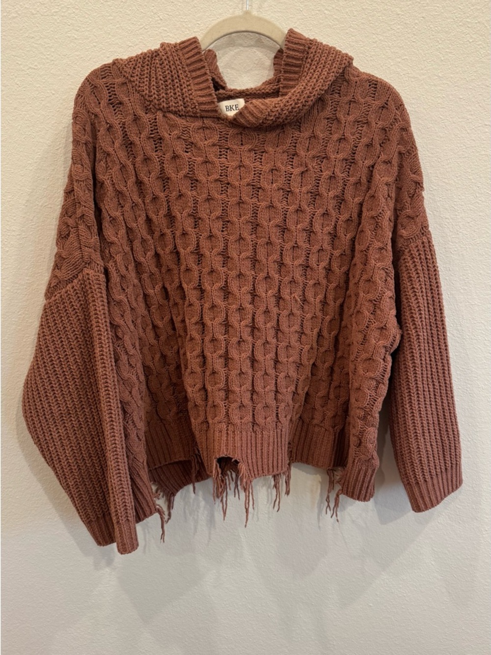 BKE Cable Knit Hooded Sweater in Rust